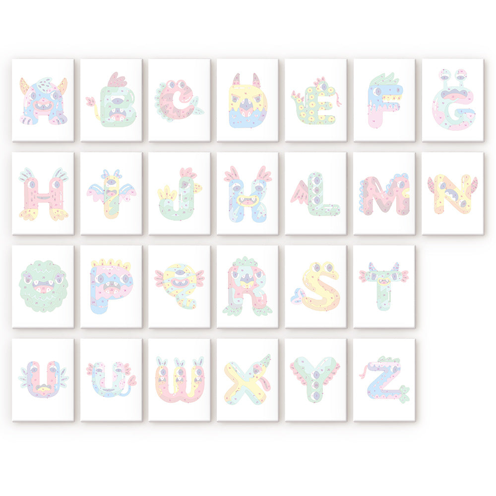 Lettres de l'alphabet de A à Z avec des motifs colorés sur fond blanc