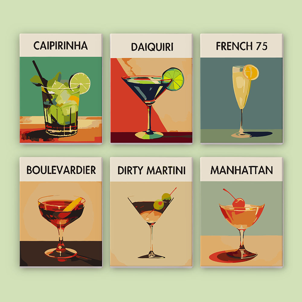 caipirnha, daiquiru, french75, boulevardier, dirty martini, mahattan coctail color by numbers