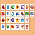 Colorful alphabet letters with monster designs on a beige background