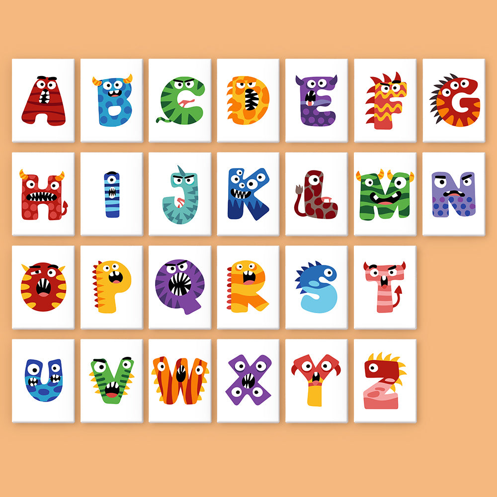 Colorful alphabet letters with monster designs on a beige background