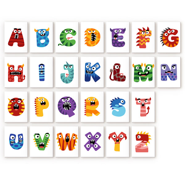 Colorful alphabet letters with monster designs on a white background