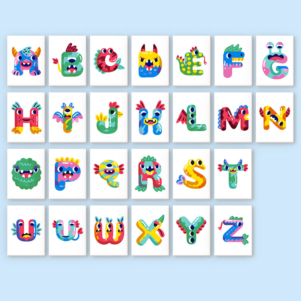 Colorful alphabet letters on a light blue background