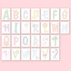 Alphabet cards with animal illustrations on a pink background