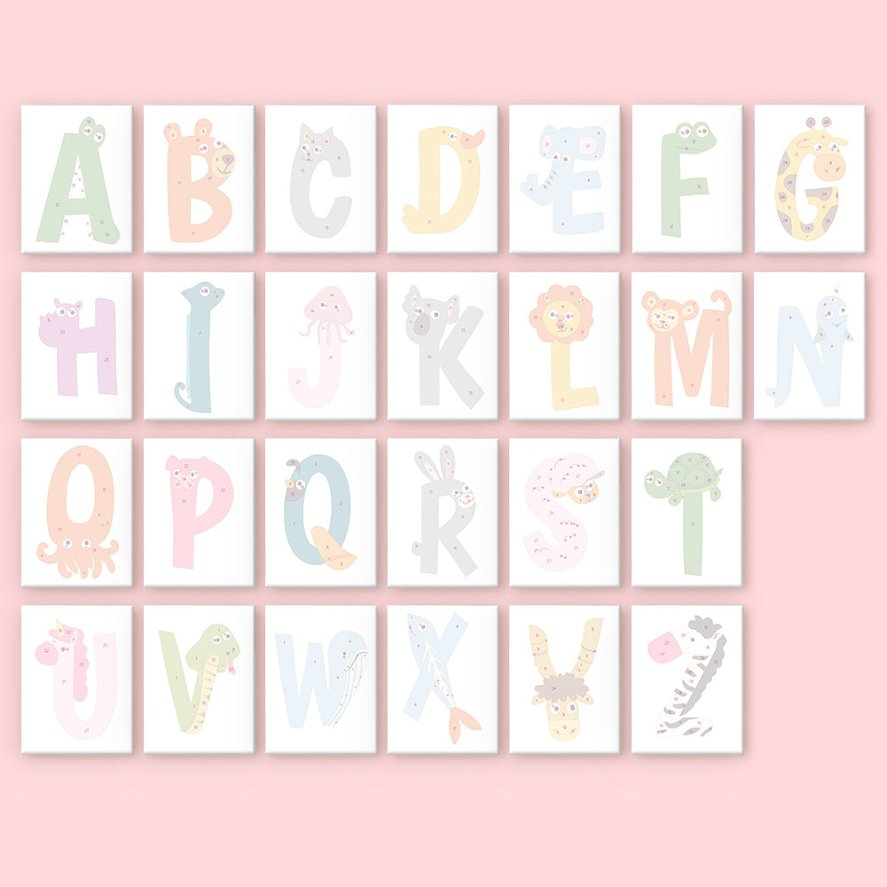 Alphabet cards with animal illustrations on a pink background