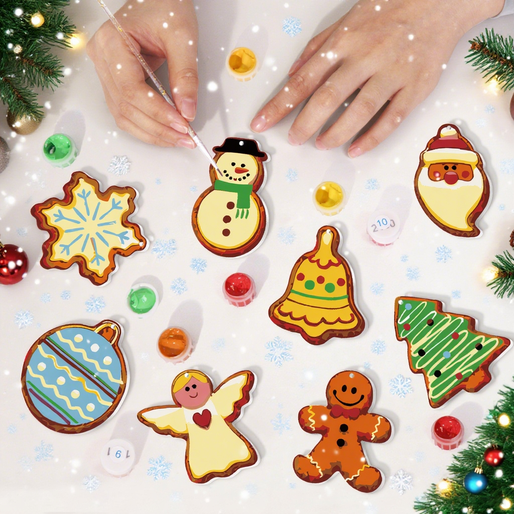 Decorative Christmas cookies shaped like a snowflake, bell, tree, and gingerbread man on a white surface with festive decorations.