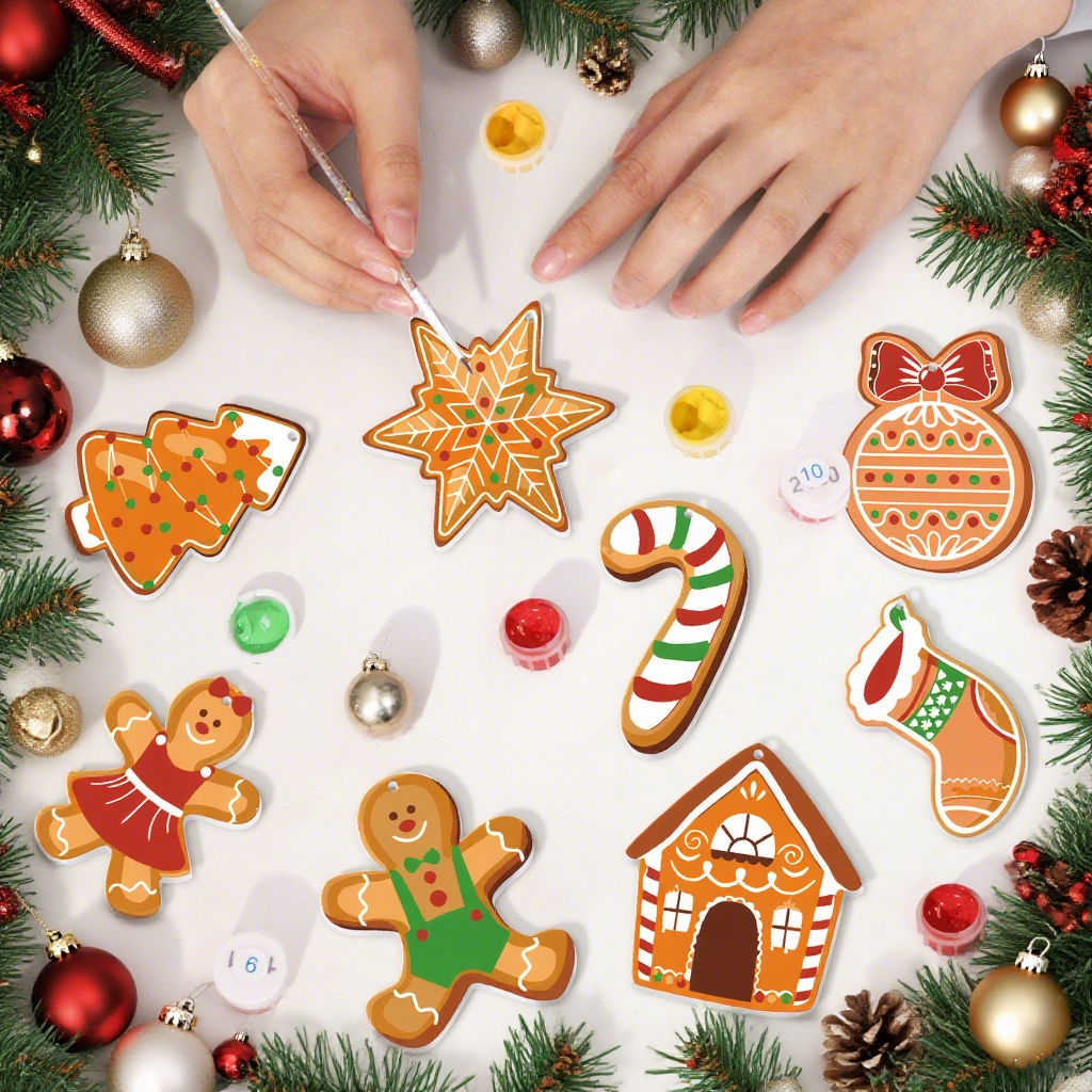 Decorative gingerbread cookies shaped like trees, stars, candy canes, and houses on a white surface with Christmas decorations.