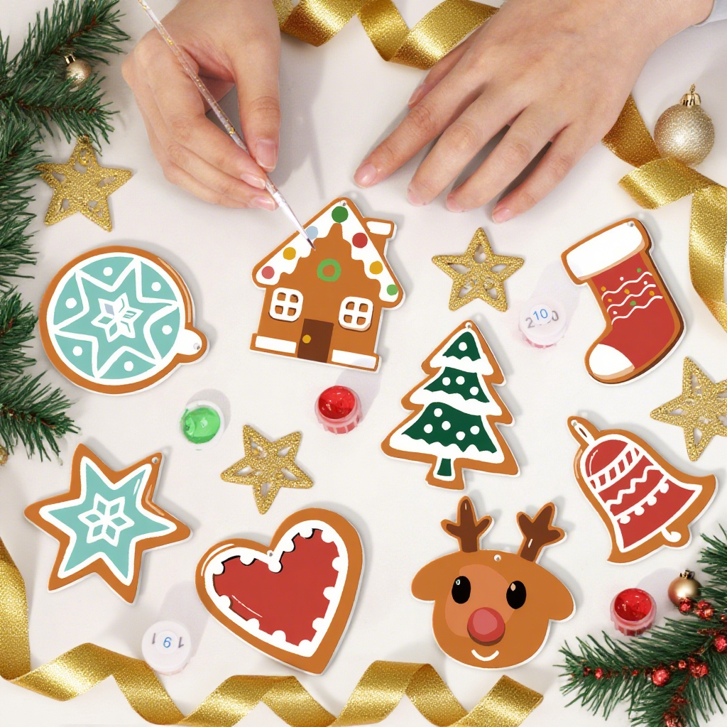 Decorative Christmas stickers on a white surface with hands and festive elements.