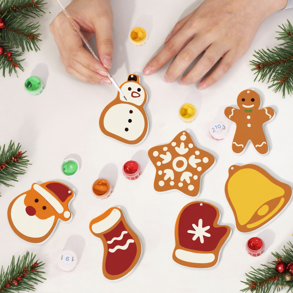 Ornements décoratifs de Noël peints sur une surface blanche avec de la verdure autour.