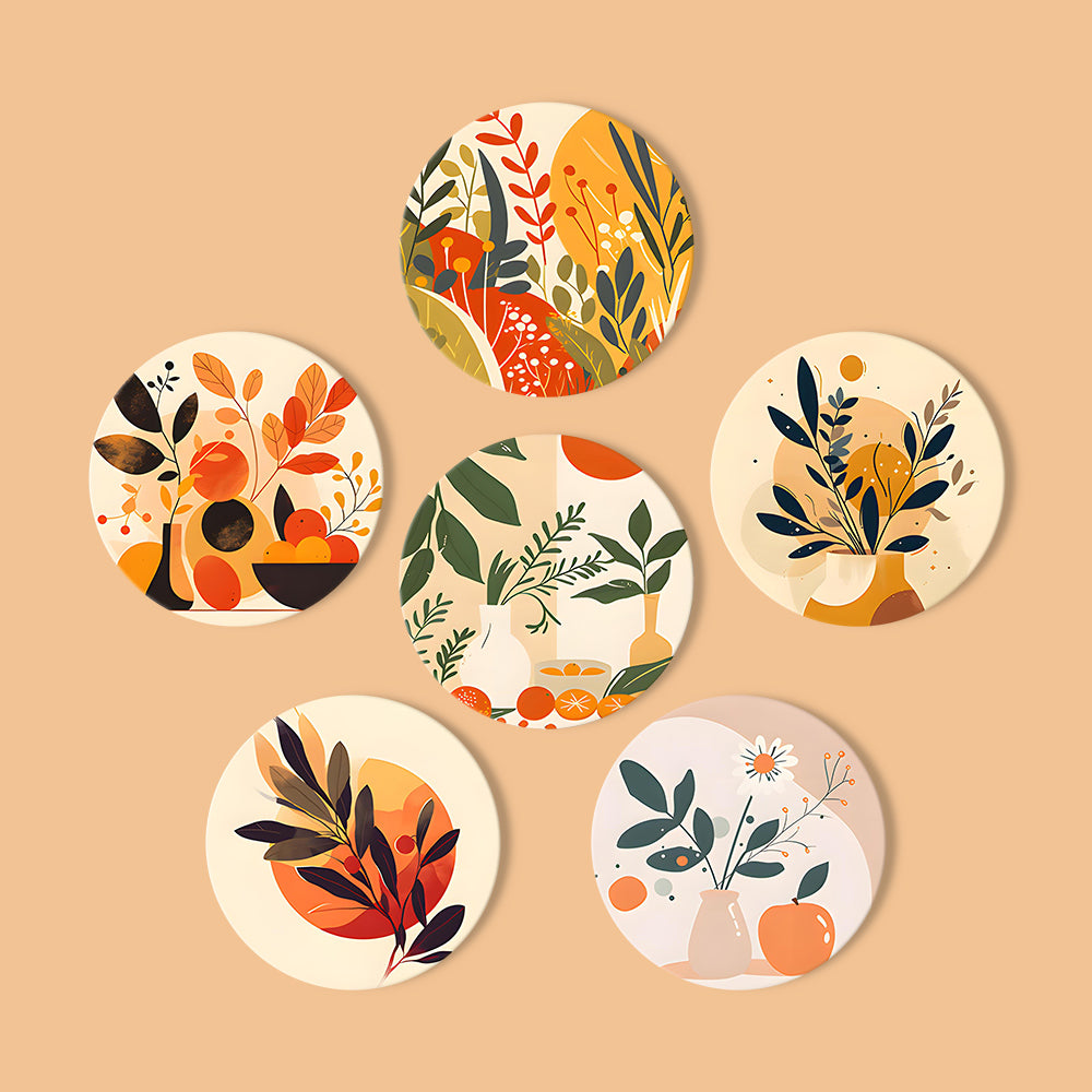 Posavasos Earthy Elegance detallados con pinturas famosas de Van Gogh con temas de pinceles y una paleta terrosa.