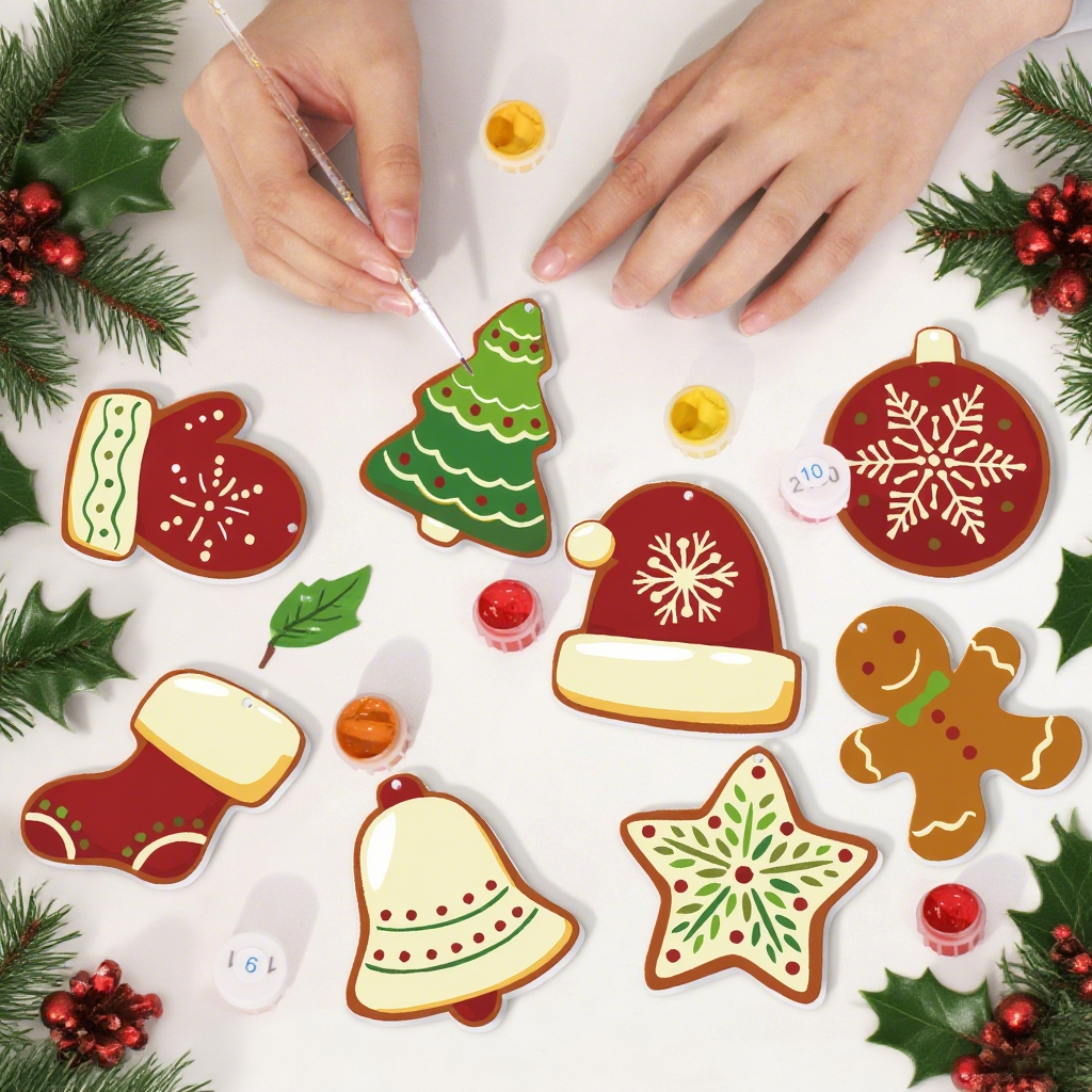 Decorative Christmas cookies being painted on a white surface with holly leaves and berries.