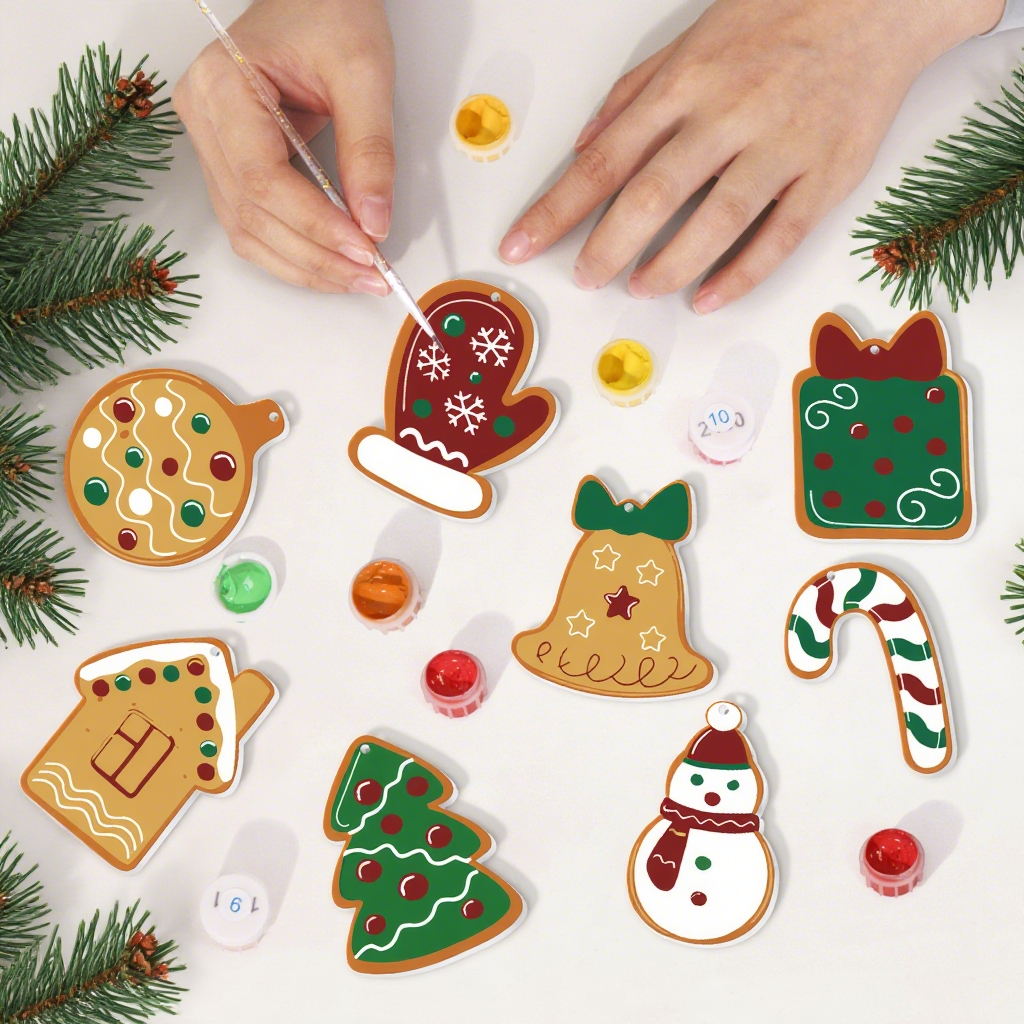 Decorative Christmas cookies being painted on a white surface with greenery around.