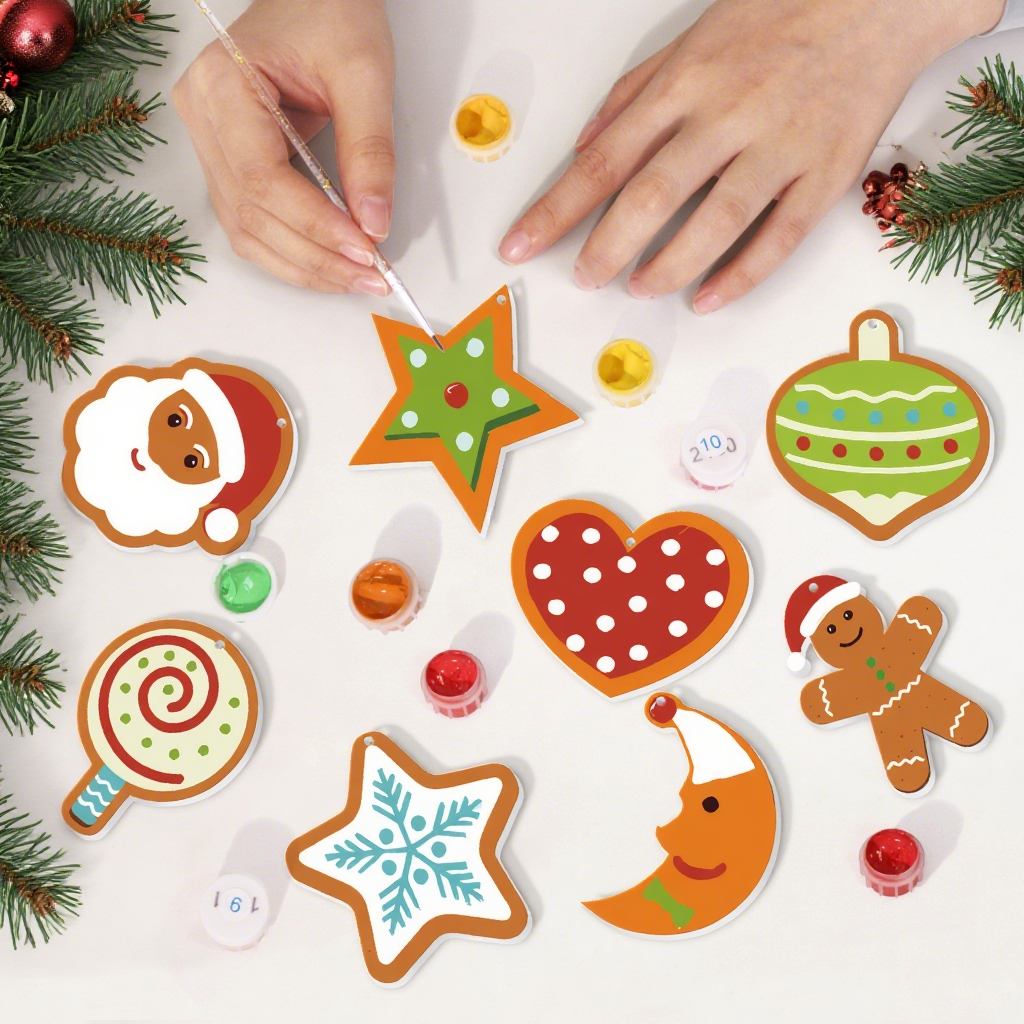 Colorful Christmas-themed cookies being decorated with icing on a white surface.
