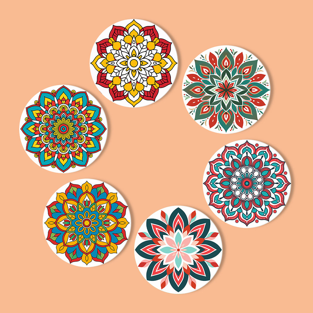 Close-up of Mandala Magic Coasters design echoing pablo picasso famous paintings abstract style.