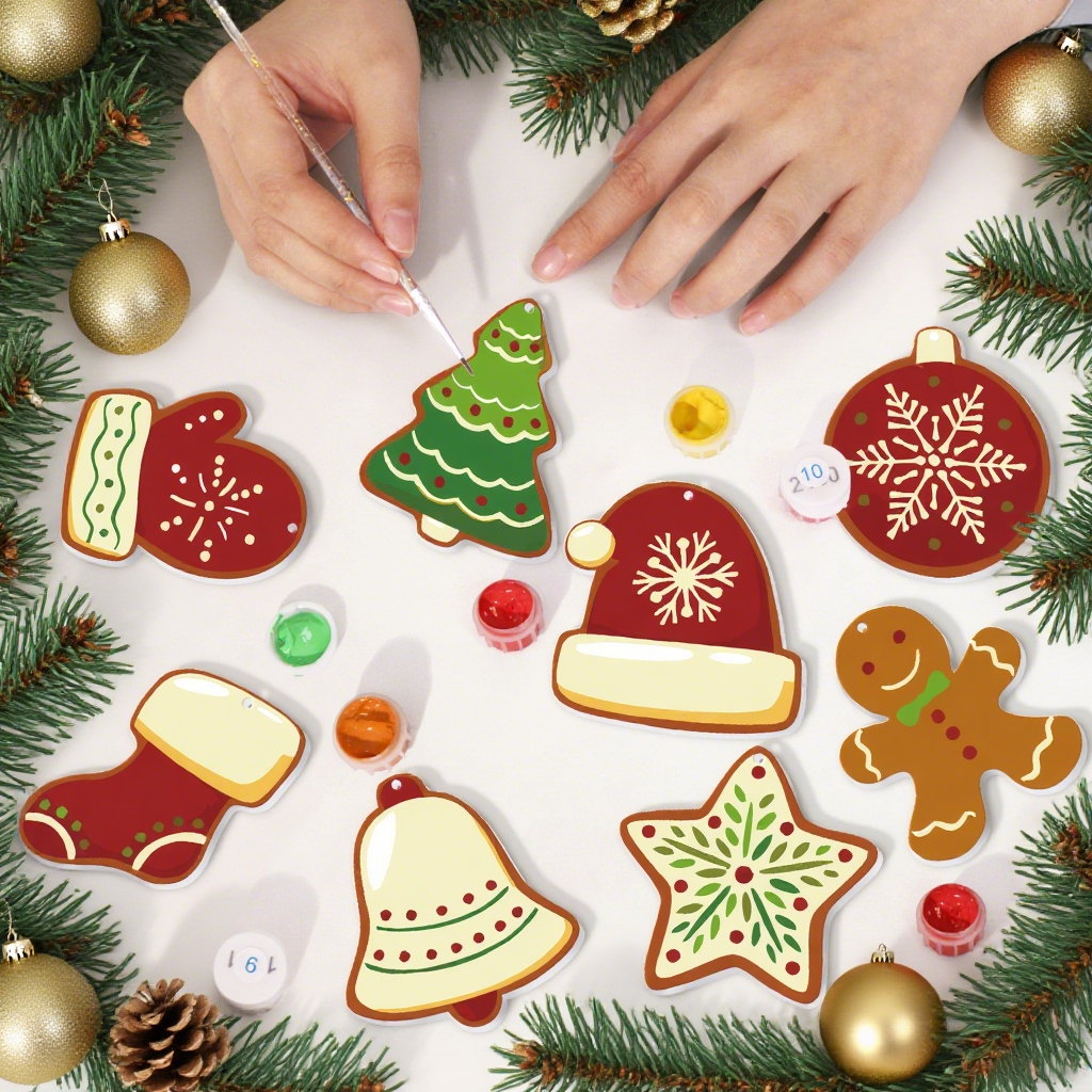 Decorative Christmas cookies shaped like trees, hats, stars, and gingerbread men on a white surface with Christmas decorations around.