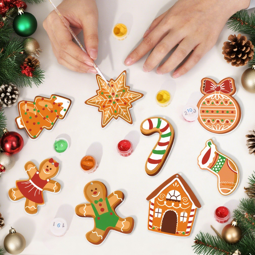 Decorative Christmas cookies being crafted with icing on a white surface.