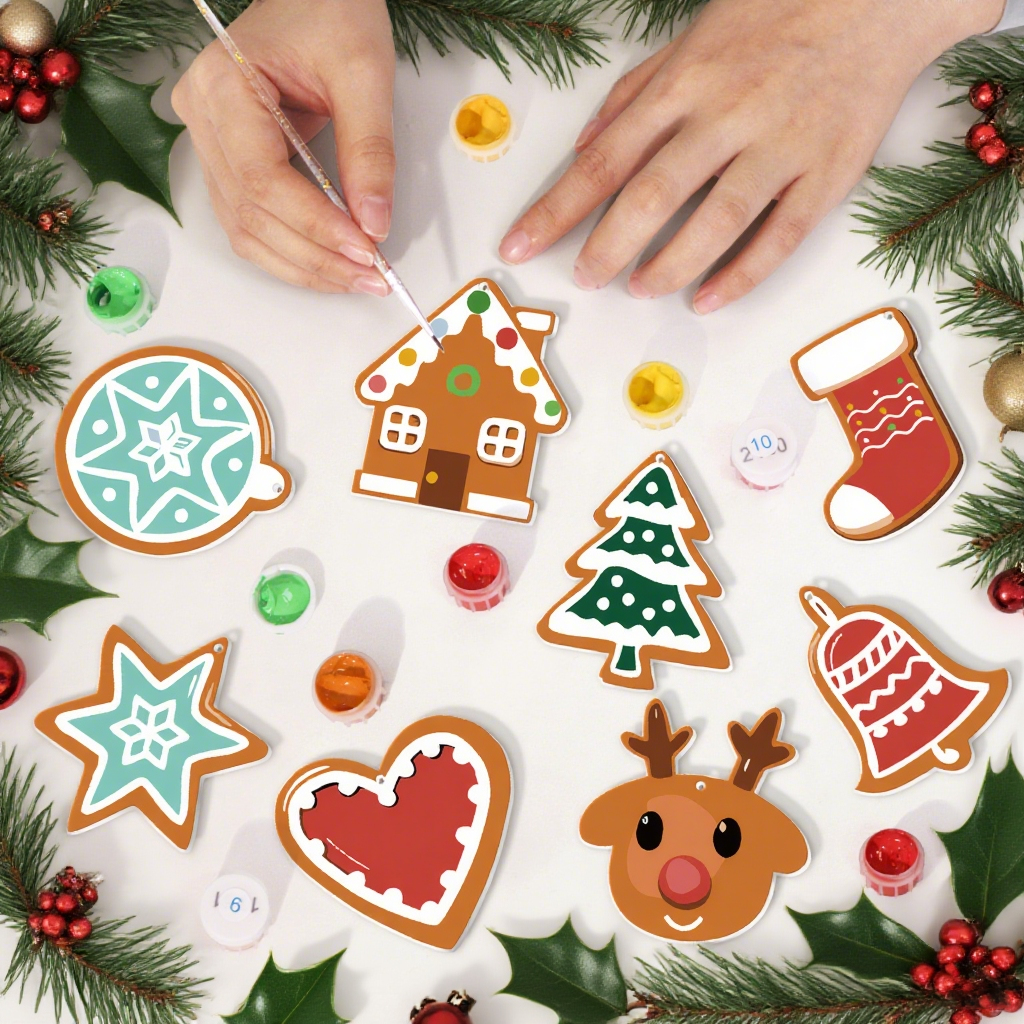Decorative Christmas cookies with icing being applied on a white surface surrounded by festive elements.