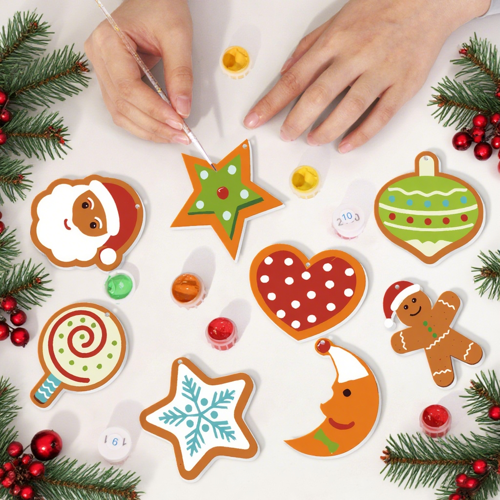 Colorful Christmas-themed cookies on a white surface with hands decorating them.