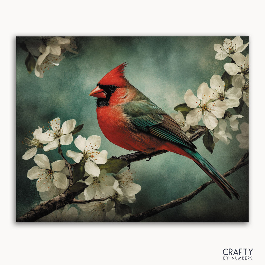 A paint-by-numbers kit image featuring a red Northern Cardinal bird perched on a branch with white flowers, on a framed canvas.