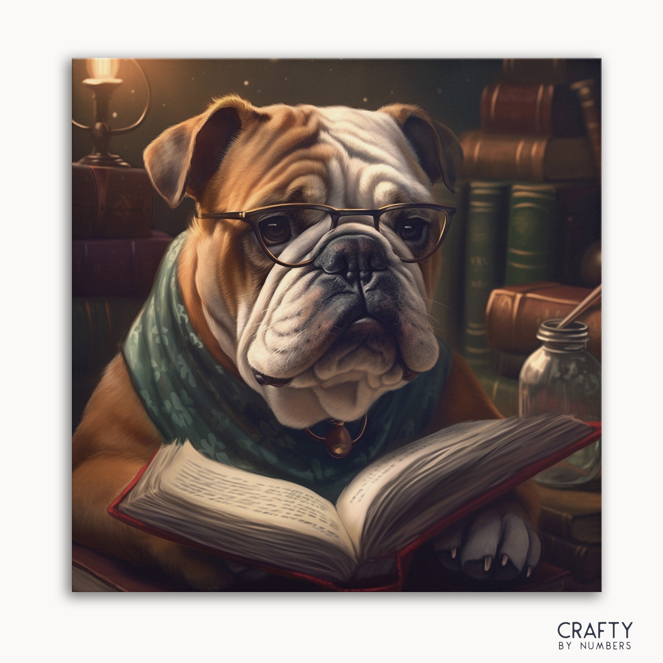 A paint-by-numbers kit depicting an English Bulldog with glasses, wearing a scarf, and reading a book.