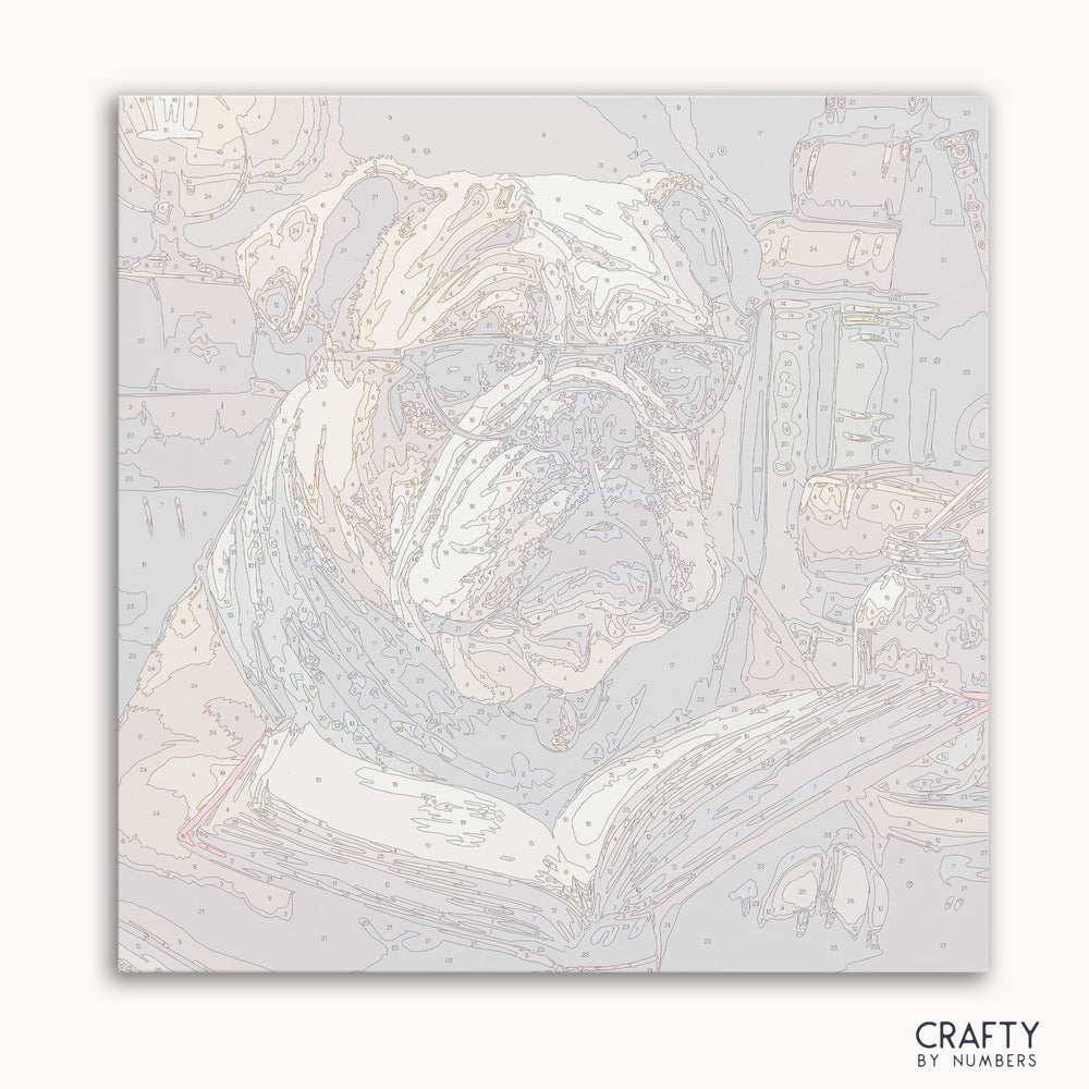 English Bulldog reading paint by number inspired by famous paintings with elements of vincent van gogh famous paintings and most famous paintings