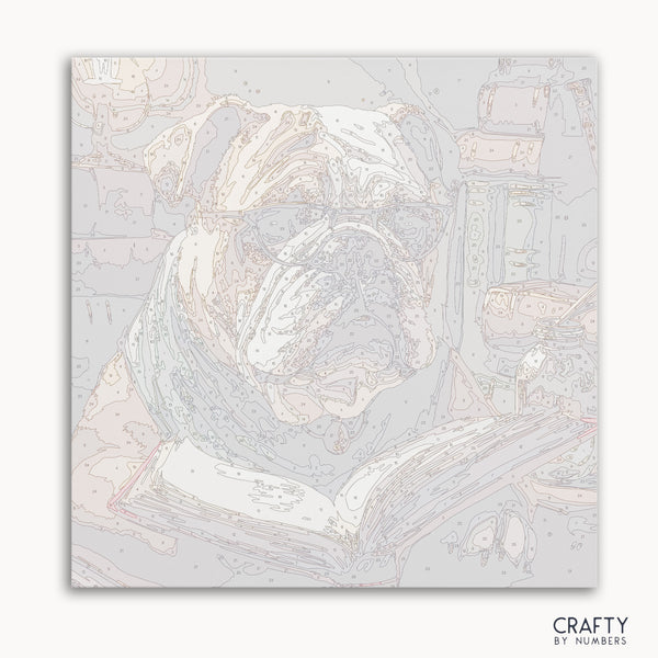 English Bulldog reading paint by number inspired by famous paintings with elements of vincent van gogh famous paintings and most famous paintings