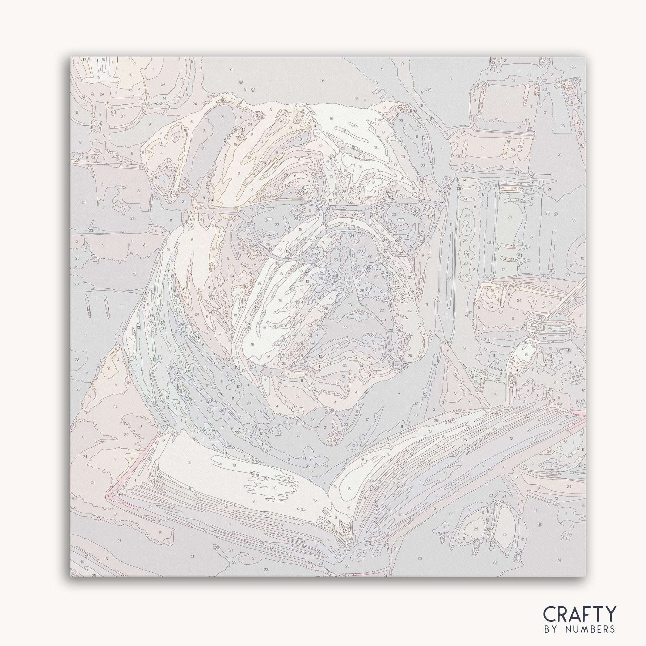English Bulldog reading paint by number inspired by famous paintings with elements of vincent van gogh famous paintings and most famous paintings
