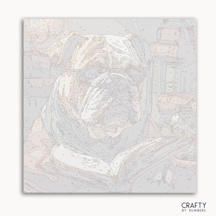 English Bulldog reading paint by number inspired by famous paintings with elements of vincent van gogh famous paintings and most famous paintings