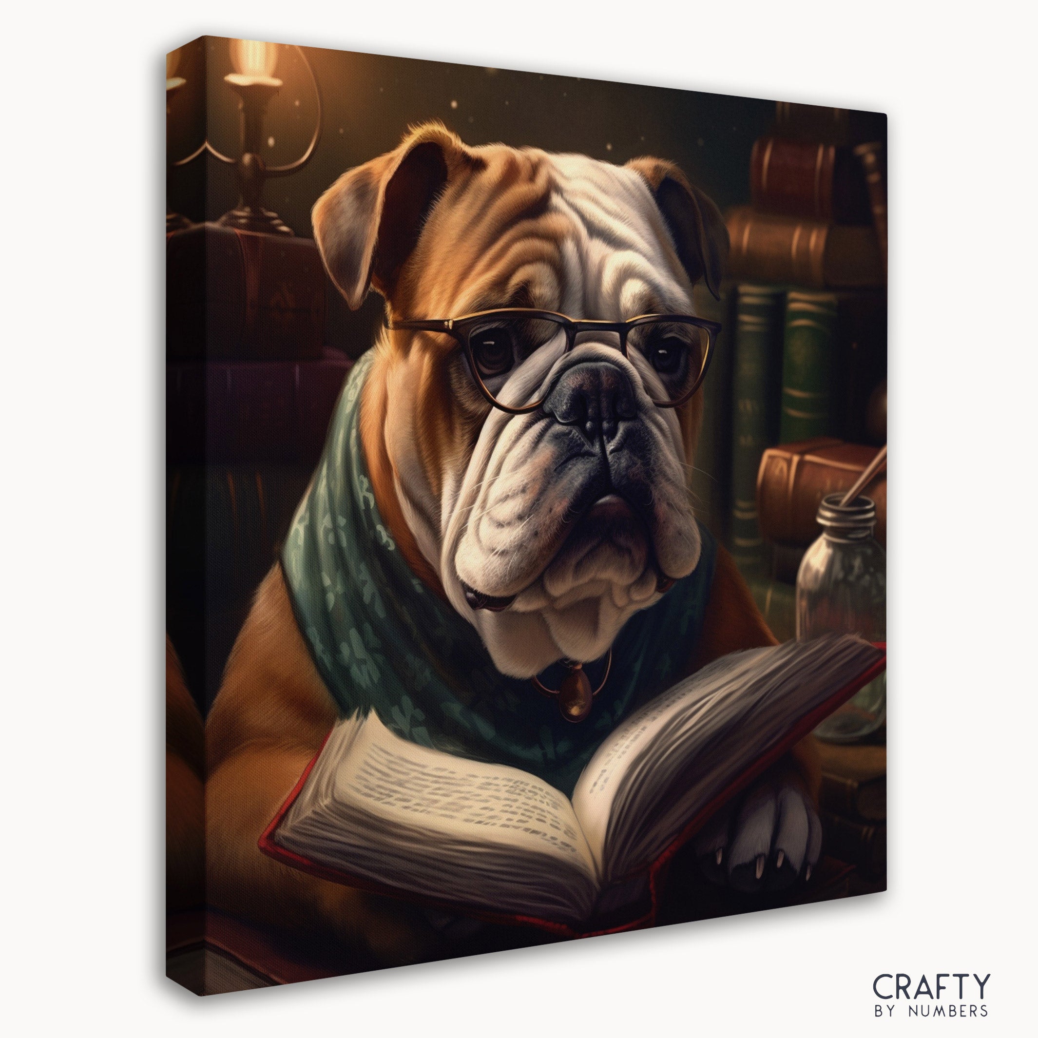 Adorable English Bulldog painting a picture combining famous landscape paintings and famous artists paintings styles