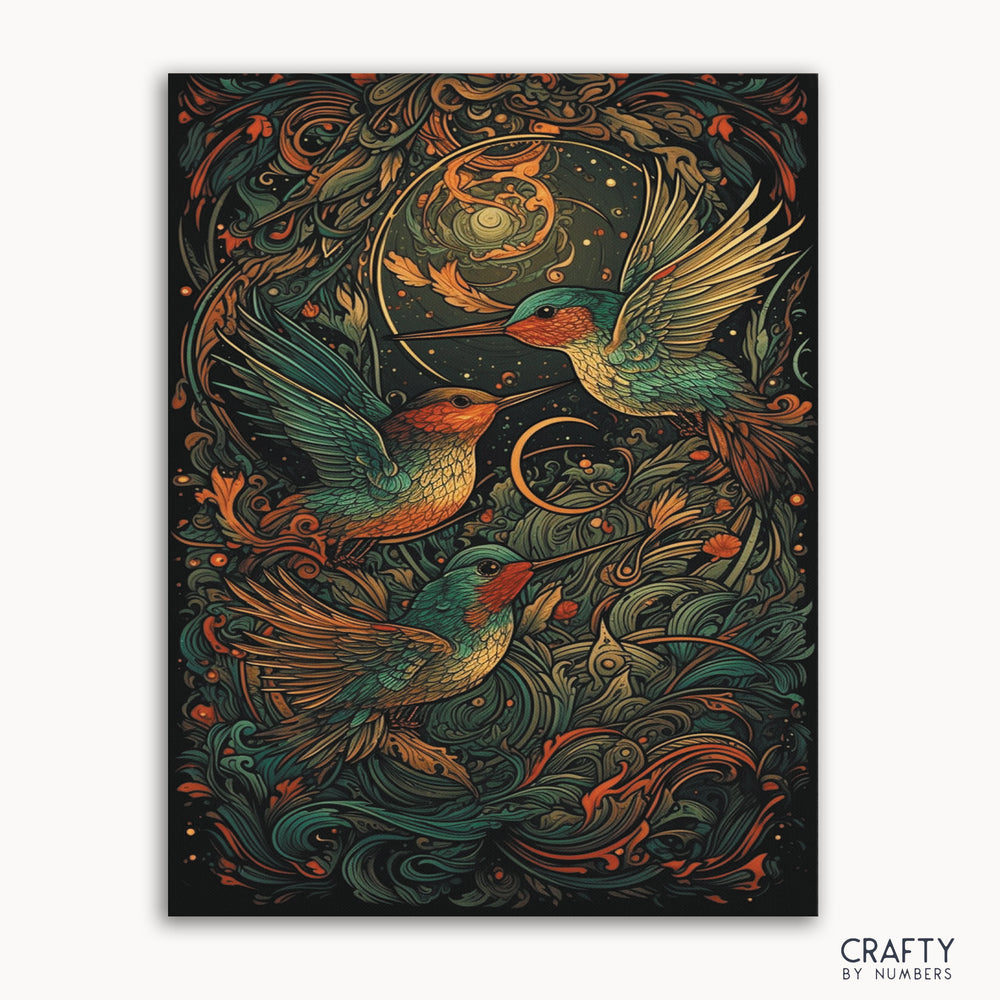 A paint-by-numbers kit with a vibrant design featuring hummingbirds surrounded by floral elements, predominantly in dark colors with gold accents.