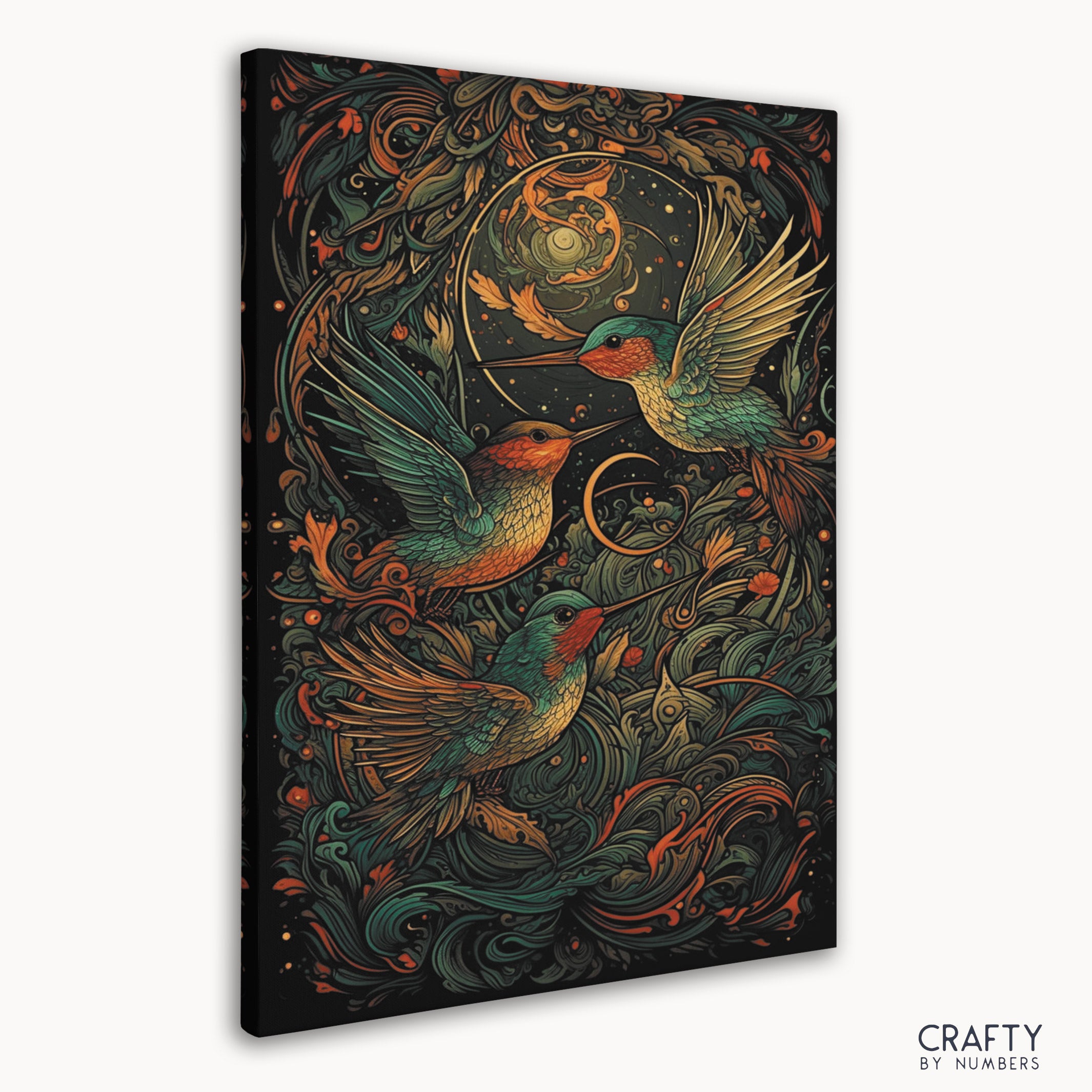 Two golden hummingbirds in a colorful garden setting, reminiscent of famous landscape paintings and famous paintings of people.