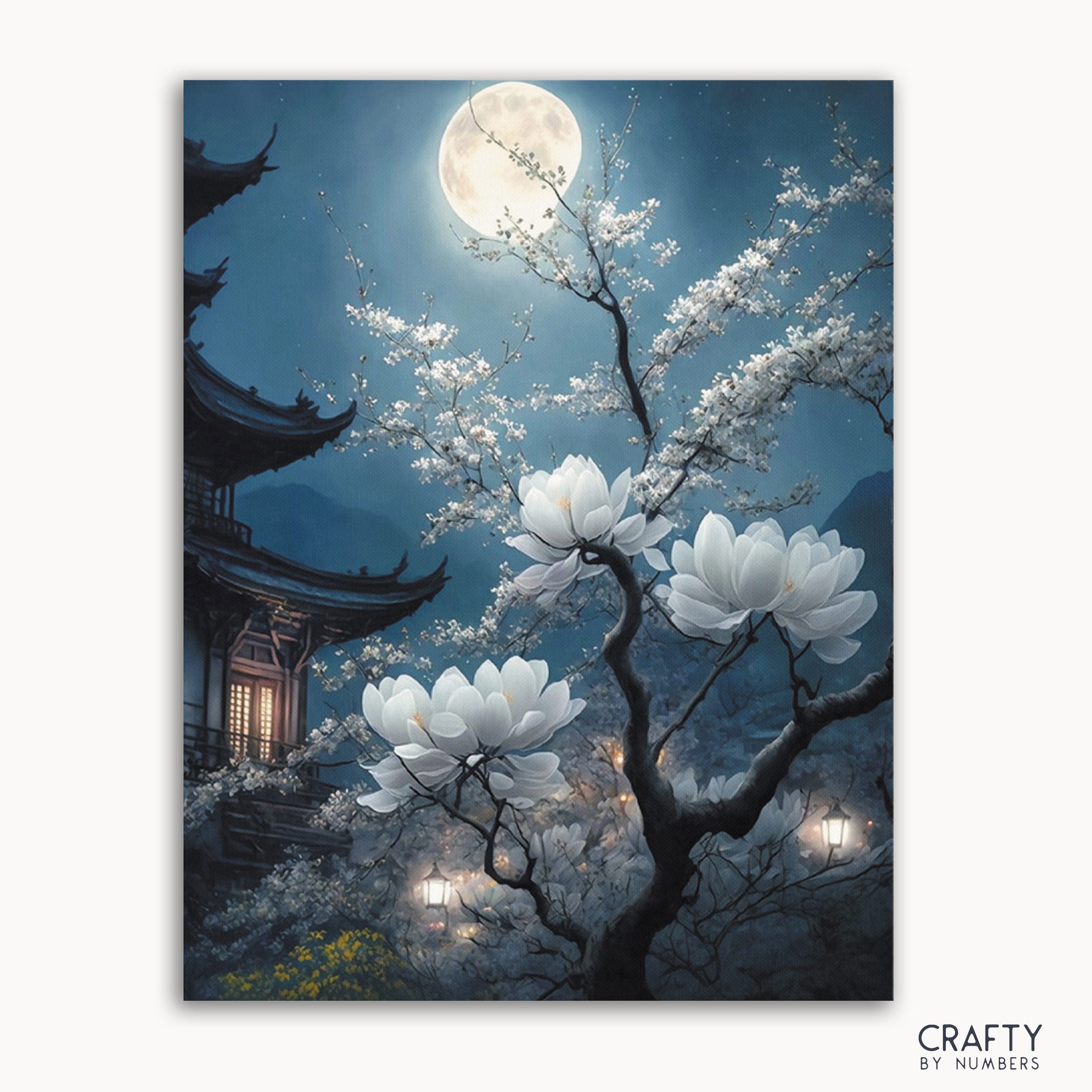 A pre-printed canvas art kit depicting a night scene with a moon and blossom trees, along with a traditional Japanese building.