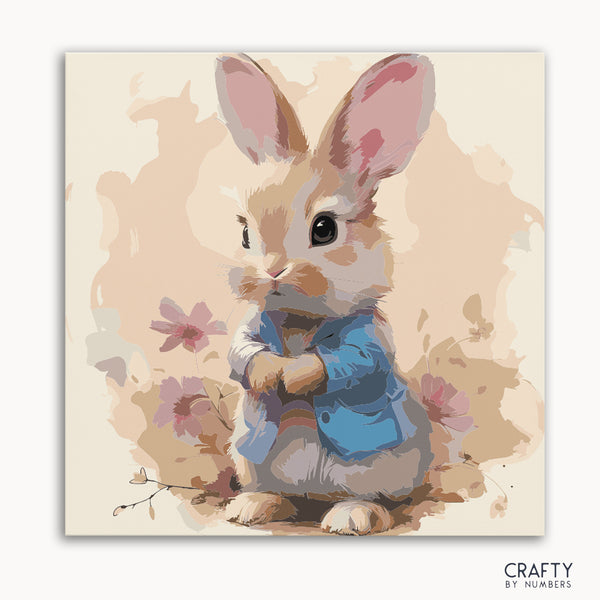 A paint by numbers kit depicting a cute bunny wearing a blue jacket, surrounded by flowers, on a framed canvas.