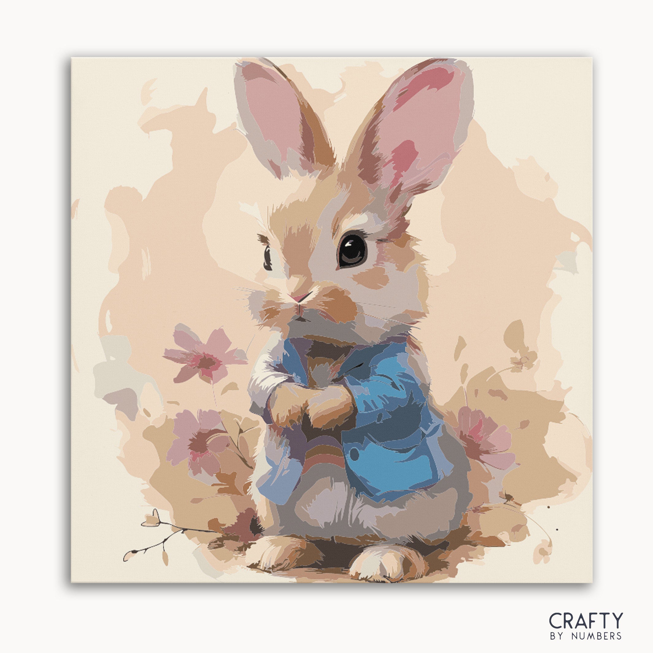 A paint by numbers kit depicting a cute bunny wearing a blue jacket, surrounded by flowers, on a framed canvas.