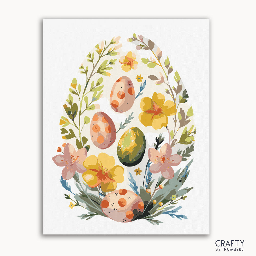 A paint by numbers kit canvas with a design of eggs adorned with nature's patterns, surrounded by flowers and foliage.