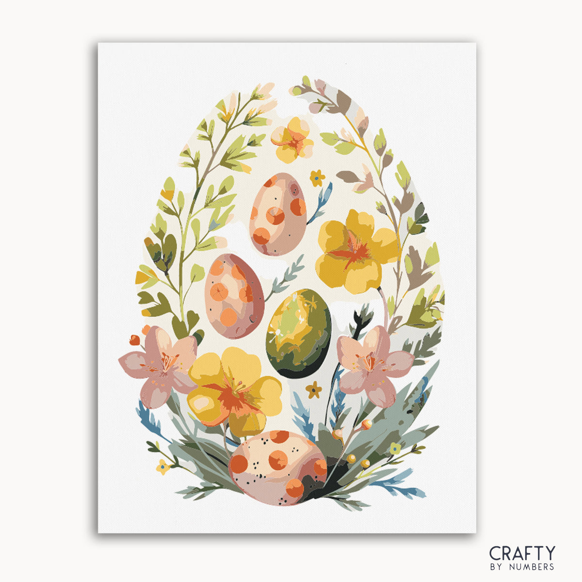 Une toile en kit de peinture par numéros avec un dessin d'œufs ornés de motifs de la nature, entourés de fleurs et de feuillages.