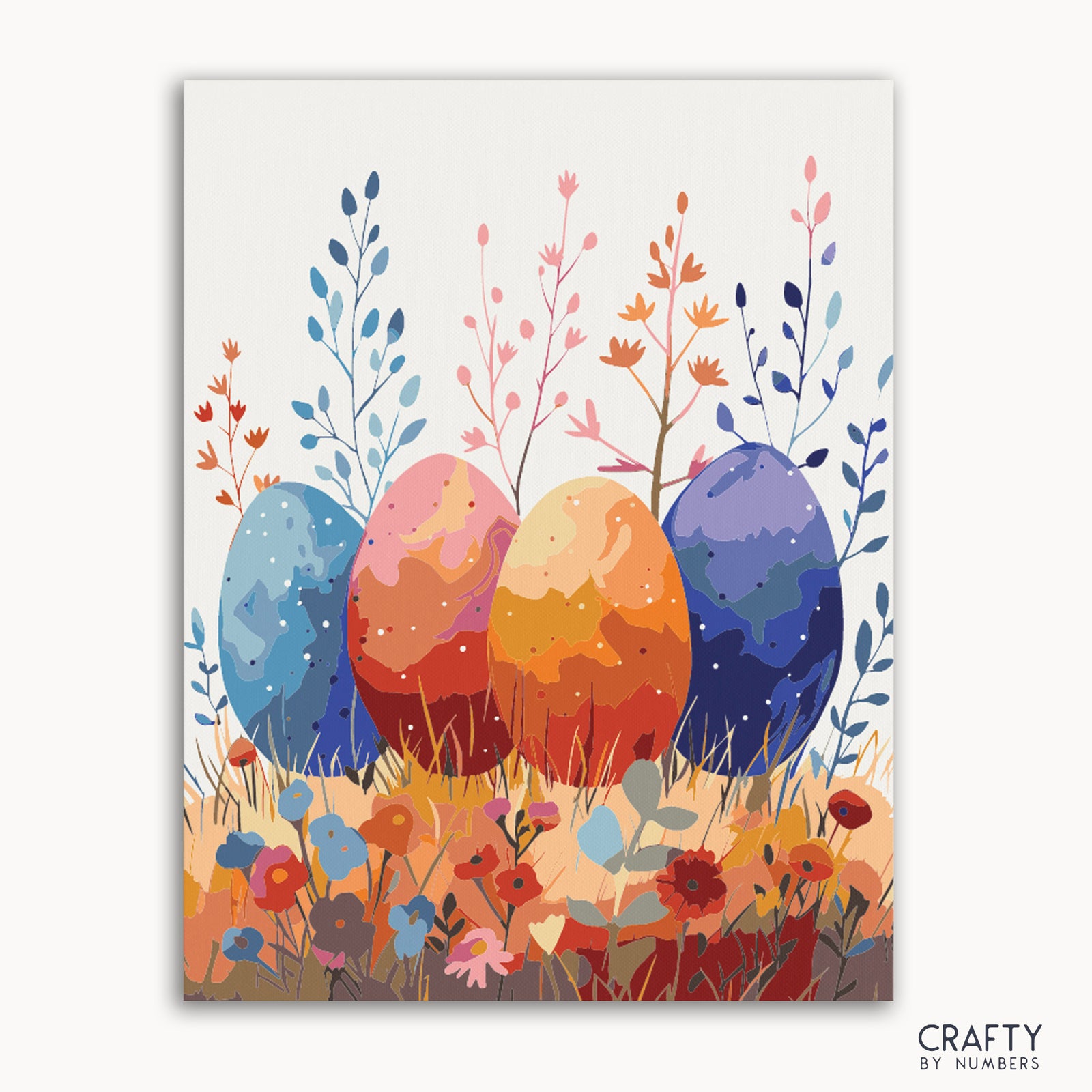 Un kit de pintura por números con un diseño de coloridos huevos de Pascua rodeados de elementos florales sobre un fondo blanco.