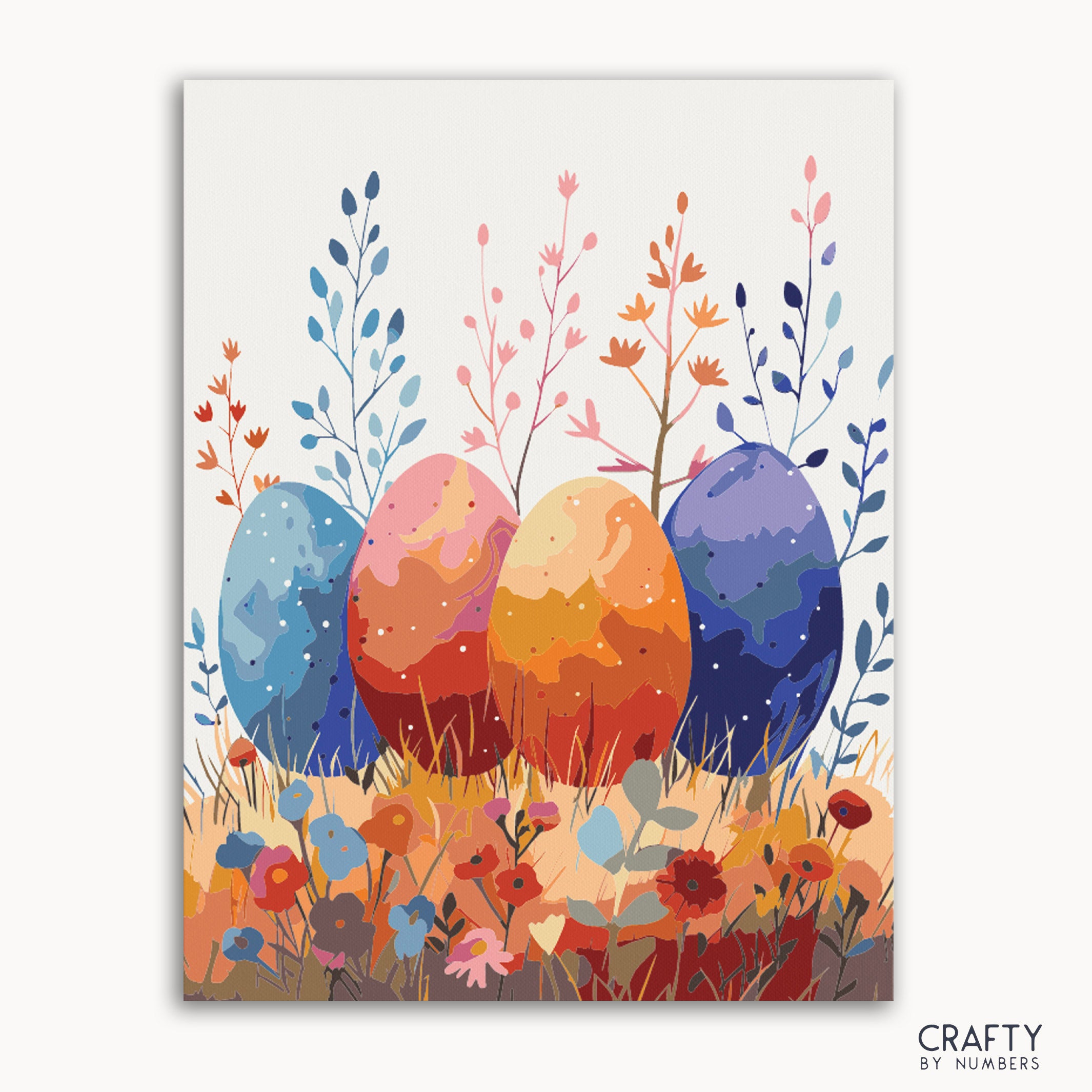 A paint by numbers kit with a design of colorful Easter eggs surrounded by floral elements against a white background.