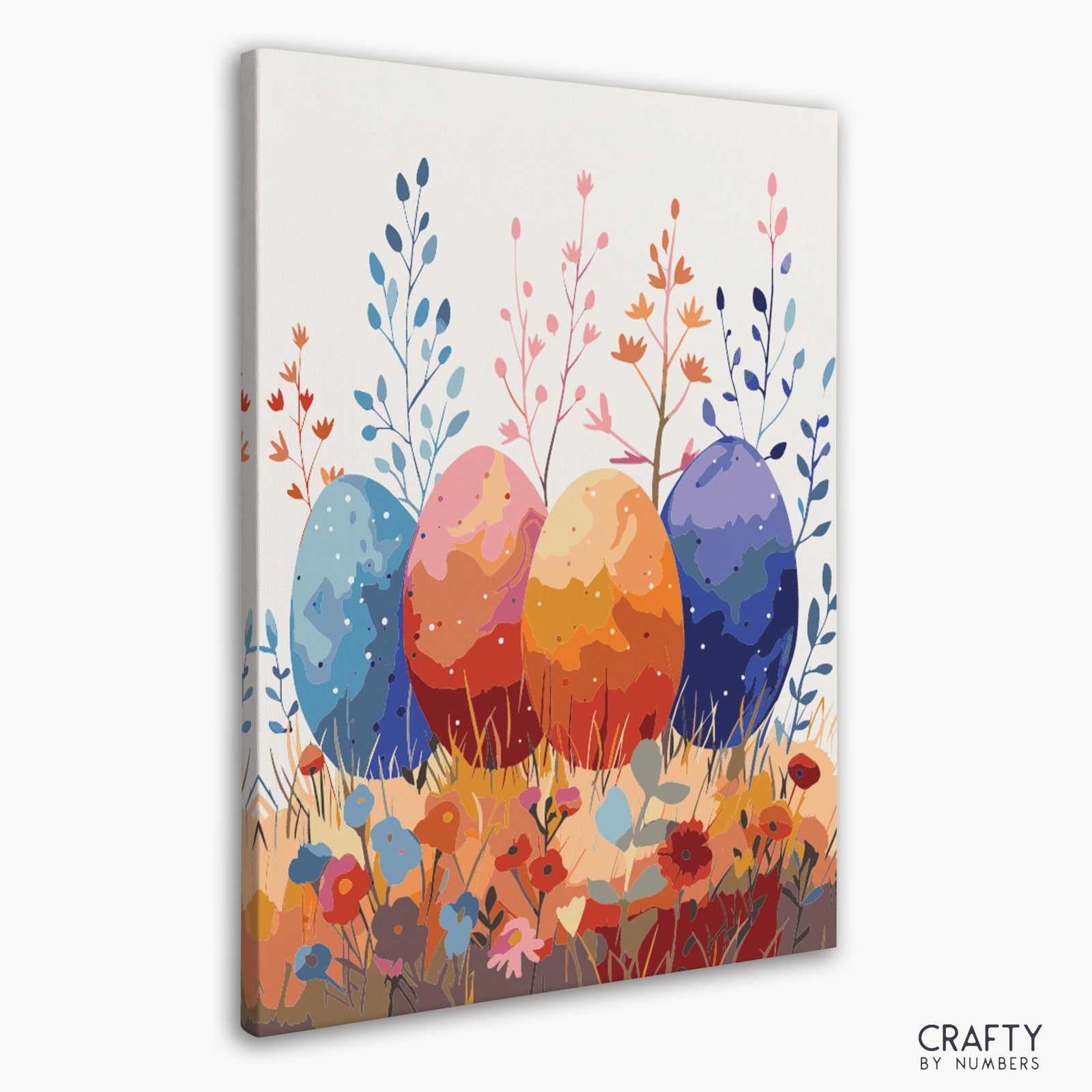 Kit de pintura por números de Eggs in Bloom con vibrantes diseños florales para pintar lienzos DIY en casa.