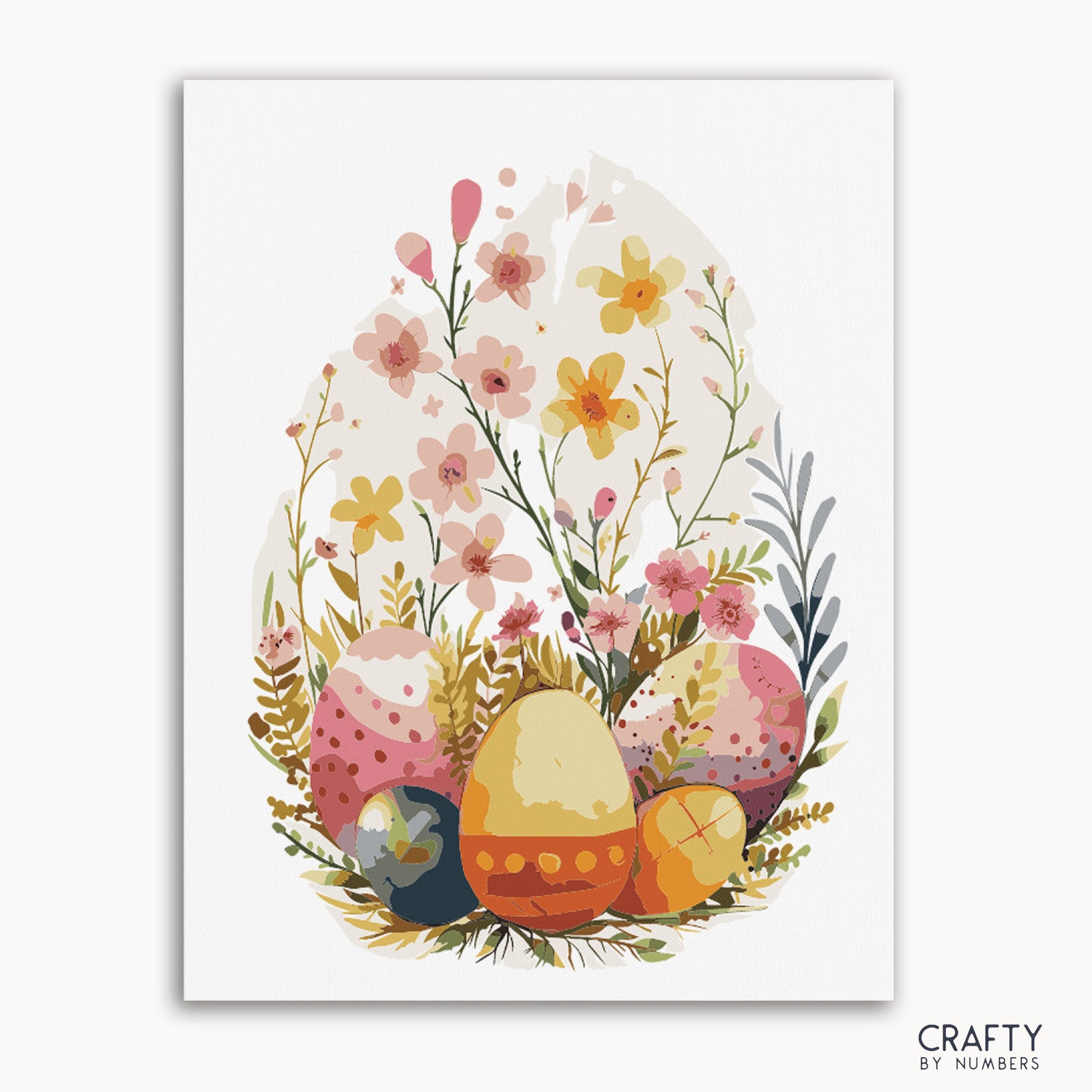 Un kit de peinture par numéros avec un motif floral représentant des œufs et des fleurs printanières, présenté sur un fond blanc avec la marque « Crafty by Numbers ».