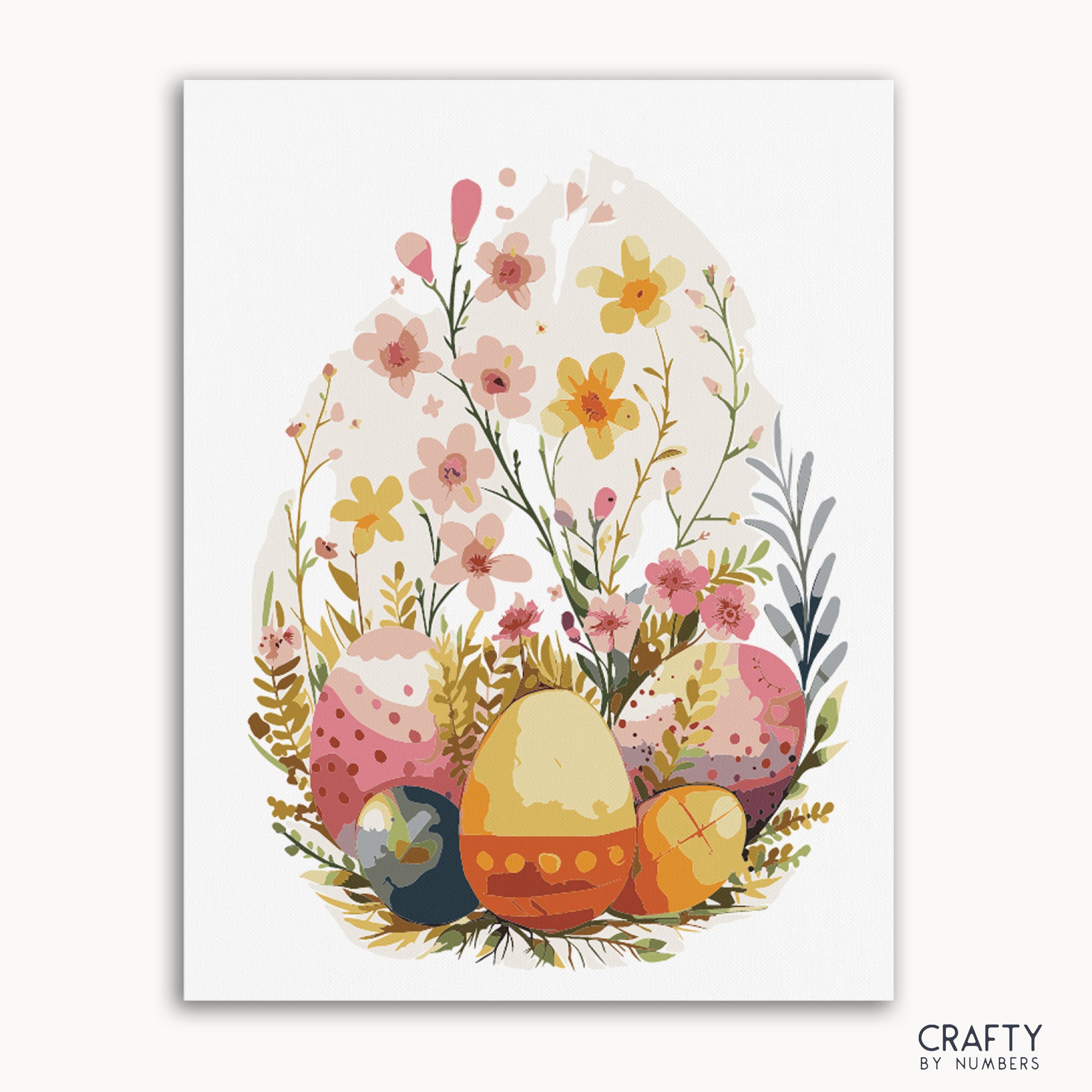 A paint by numbers kit with a floral design featuring eggs and spring flowers, presented on a white background with 'Crafty by Numbers' branding.