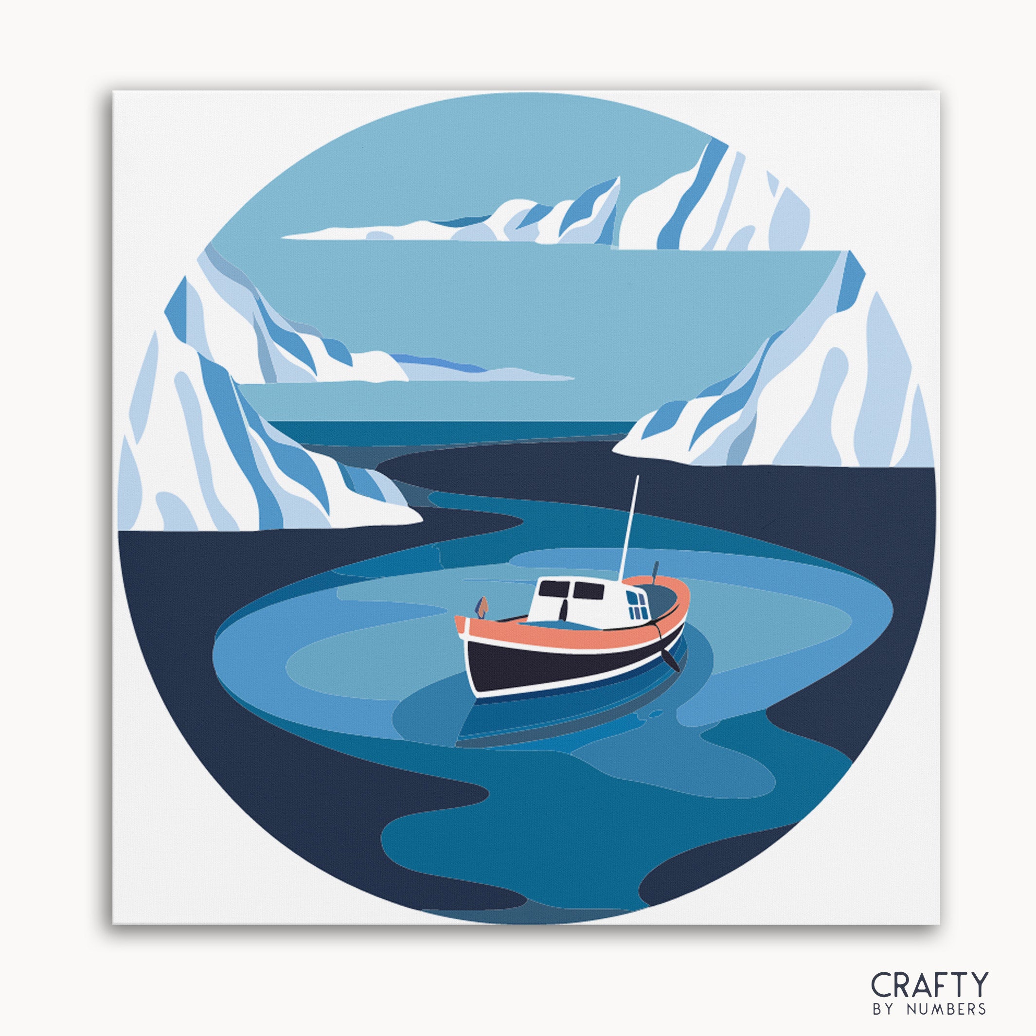 A paint by numbers kit depicting a boat in front of a polar landscape with icebergs and mountains.