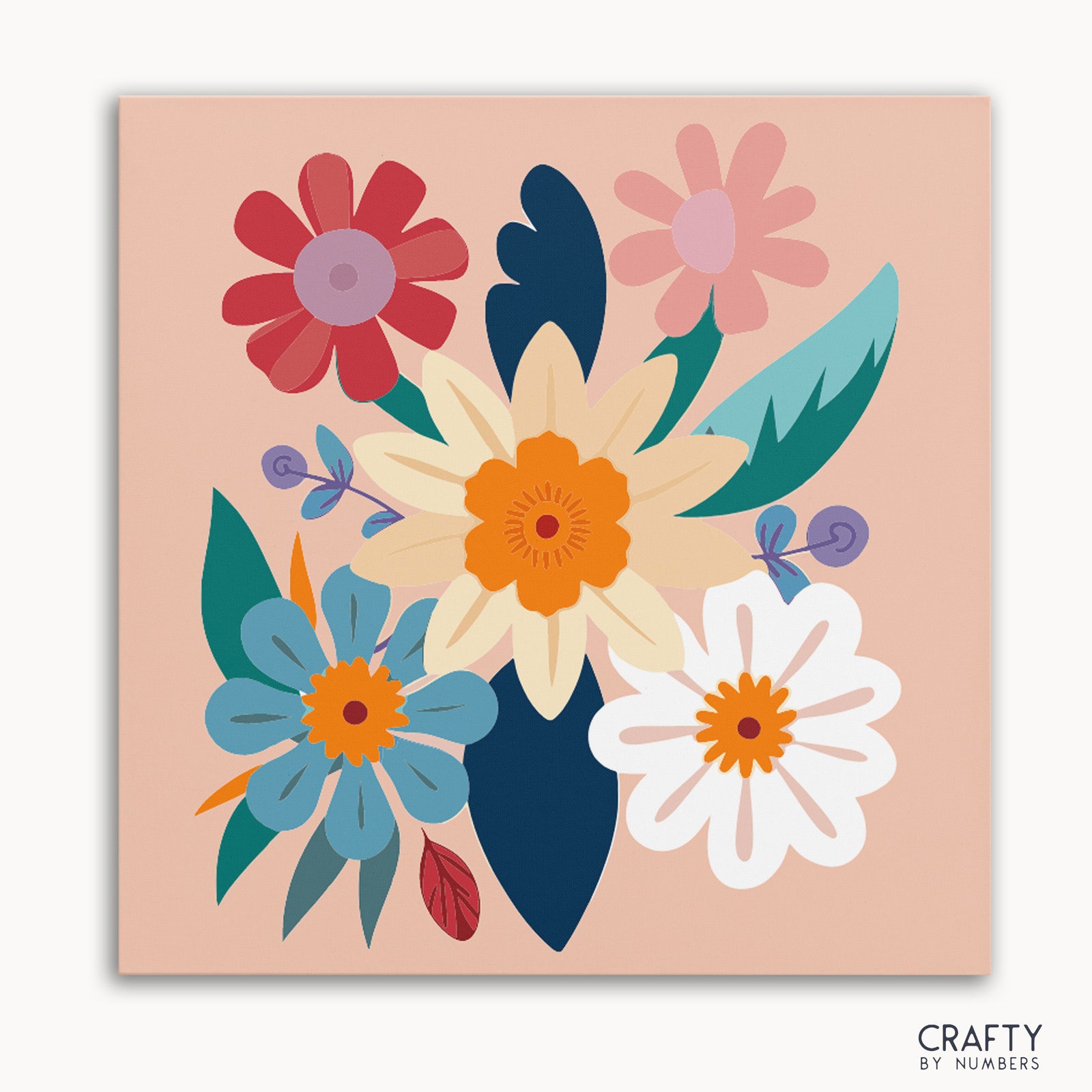 A paint by numbers kit with various numbered sections to be filled with color, featuring a bright daisy motif.