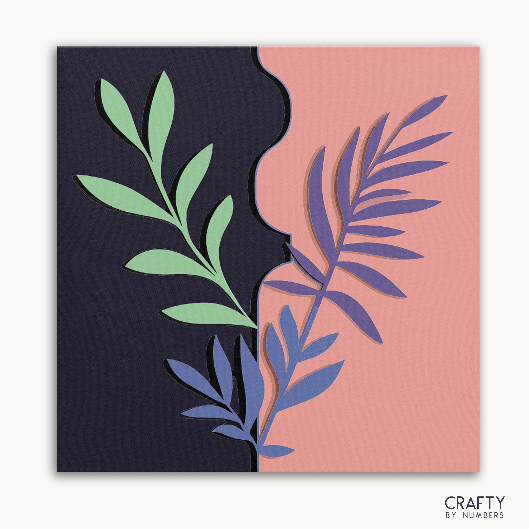 A paint by numbers kit with a design of stylized leaves on a dual-toned background, with a dark purple at the top and pink at the bottom.