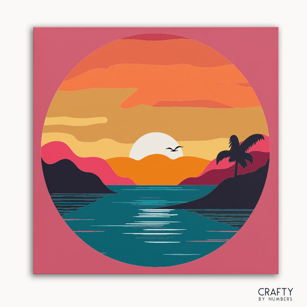 A paint by numbers kit depicting a tropical sunset scene with palm trees and a sun in the background.