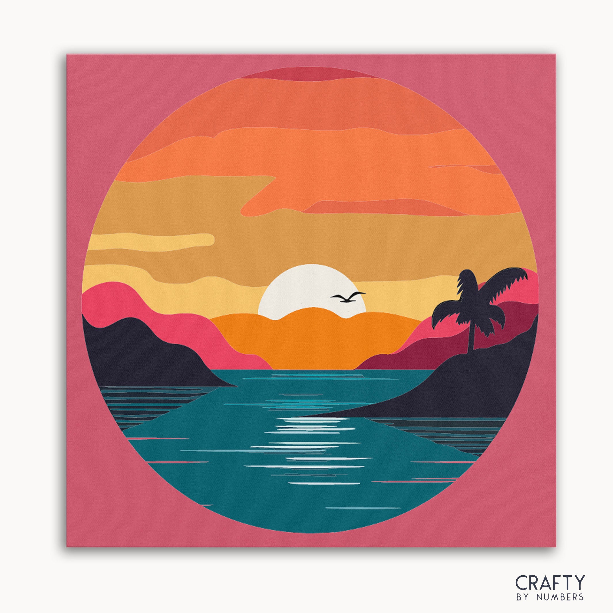 A paint by numbers kit depicting a tropical sunset scene with palm trees and a sun in the background.