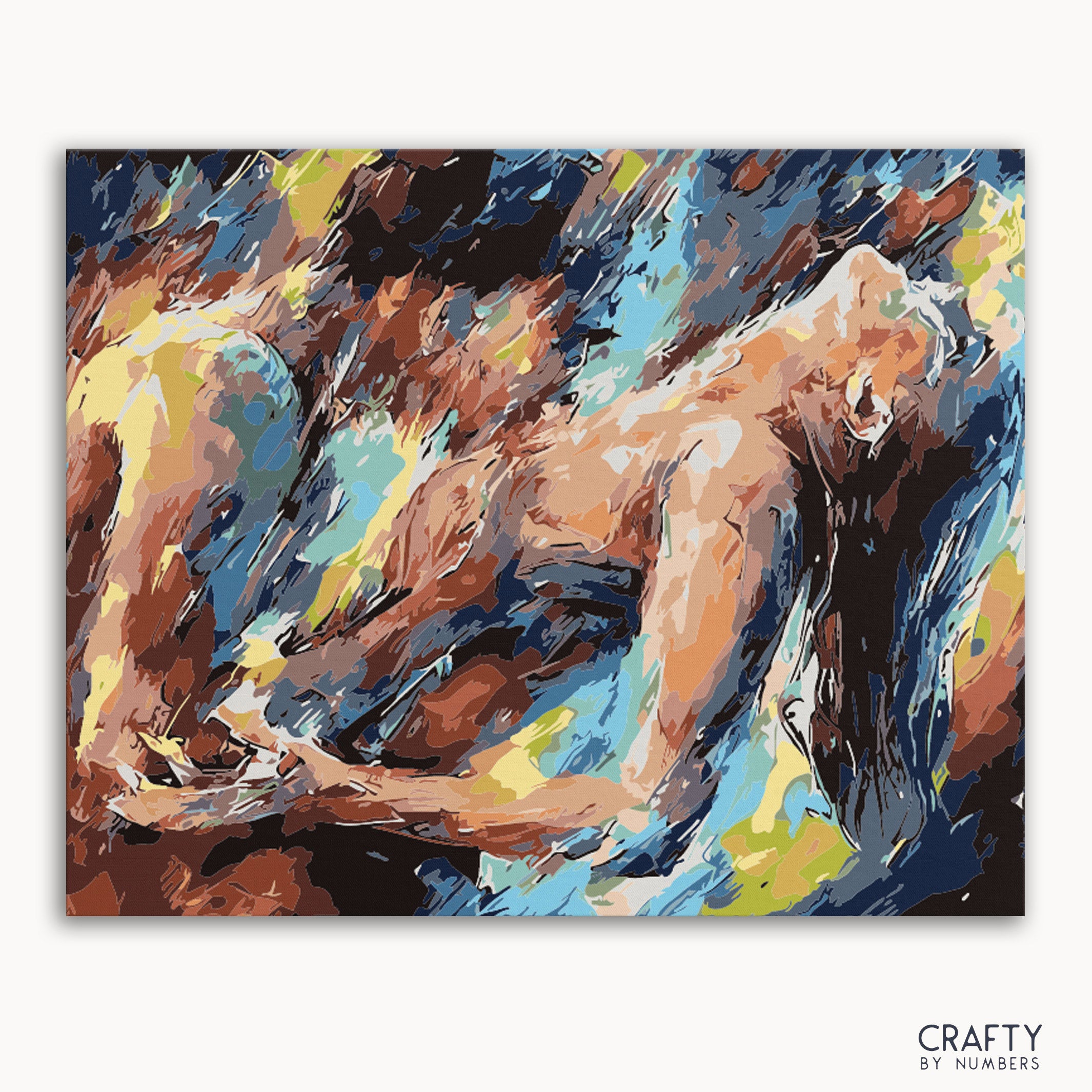 A 'Paint by Numbers' canvas with a vibrant abstract painting of a figure in a state of motion.