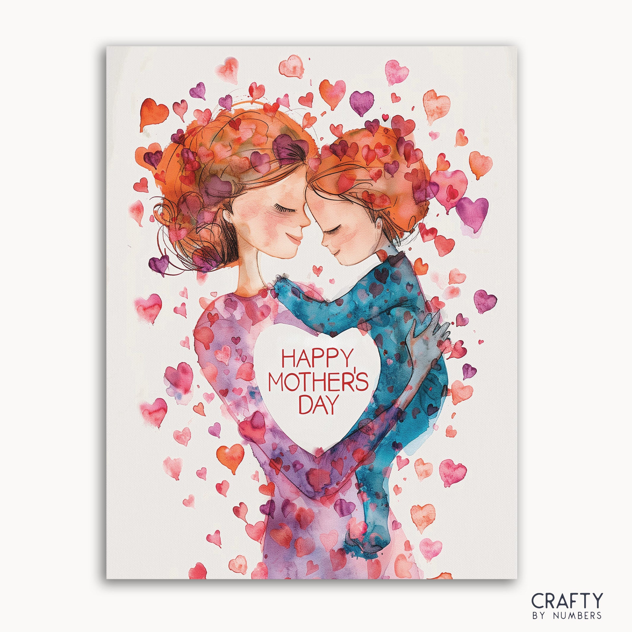 A paint-by-numbers kit depicting a mother embracing her child, with a background of multicolored hearts, representing 'Happy Mother's Day'.