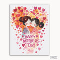 A paint-by-numbers kit depicting a mother and child embracing surrounded by a backdrop of red and pink hearts with the text 'Happy Mother's Day' on it.