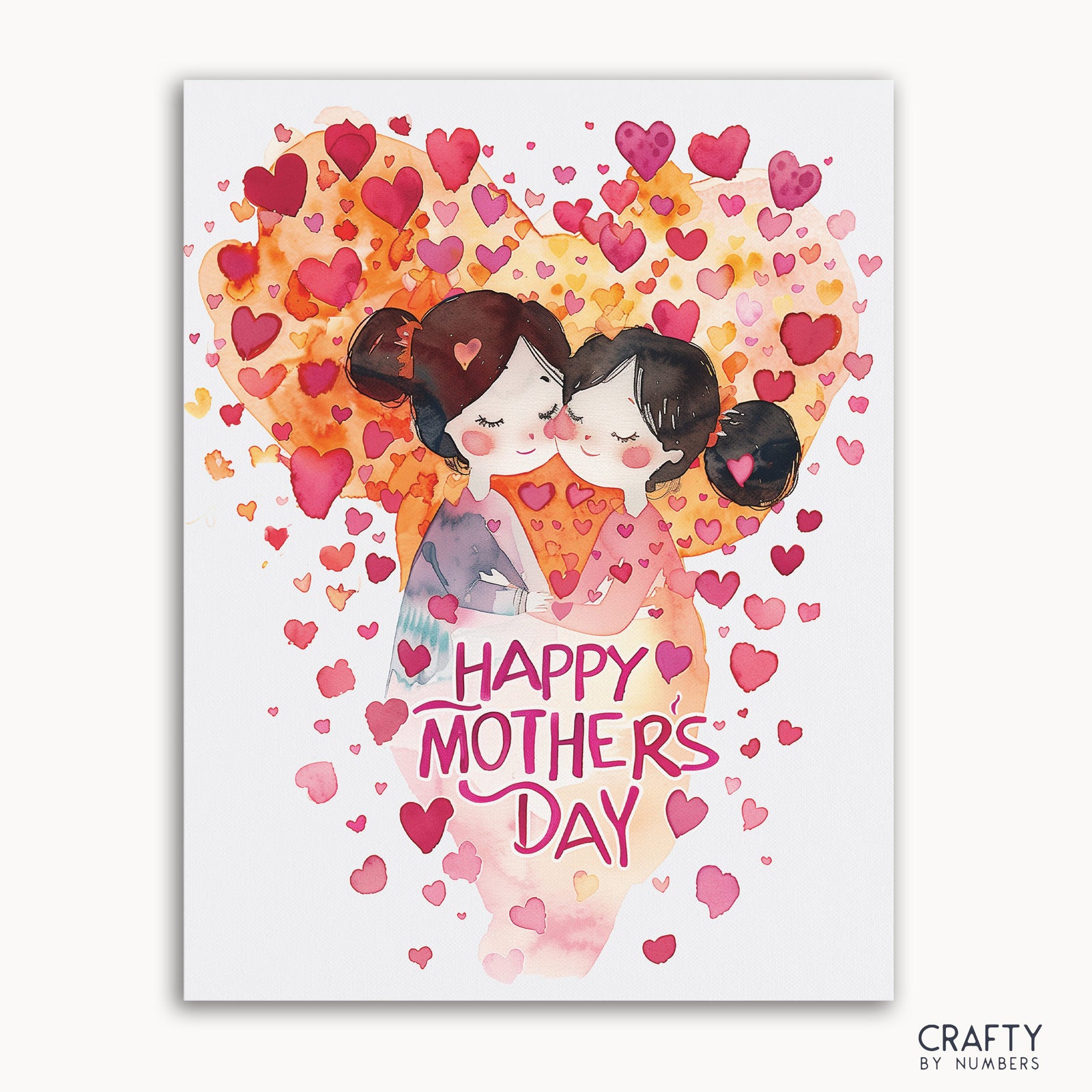 A paint-by-numbers kit depicting a mother and child embracing surrounded by a backdrop of red and pink hearts with the text 'Happy Mother's Day' on it.
