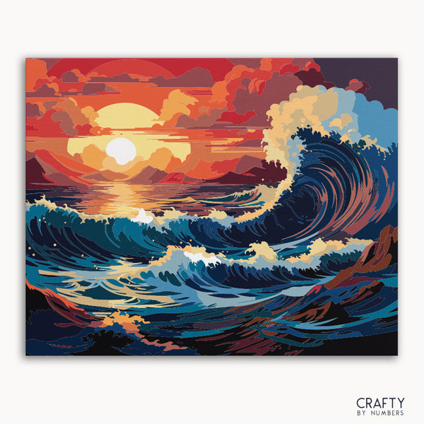 A paint by numbers kit canvas depicting a vibrant seascape with sunset and waves.